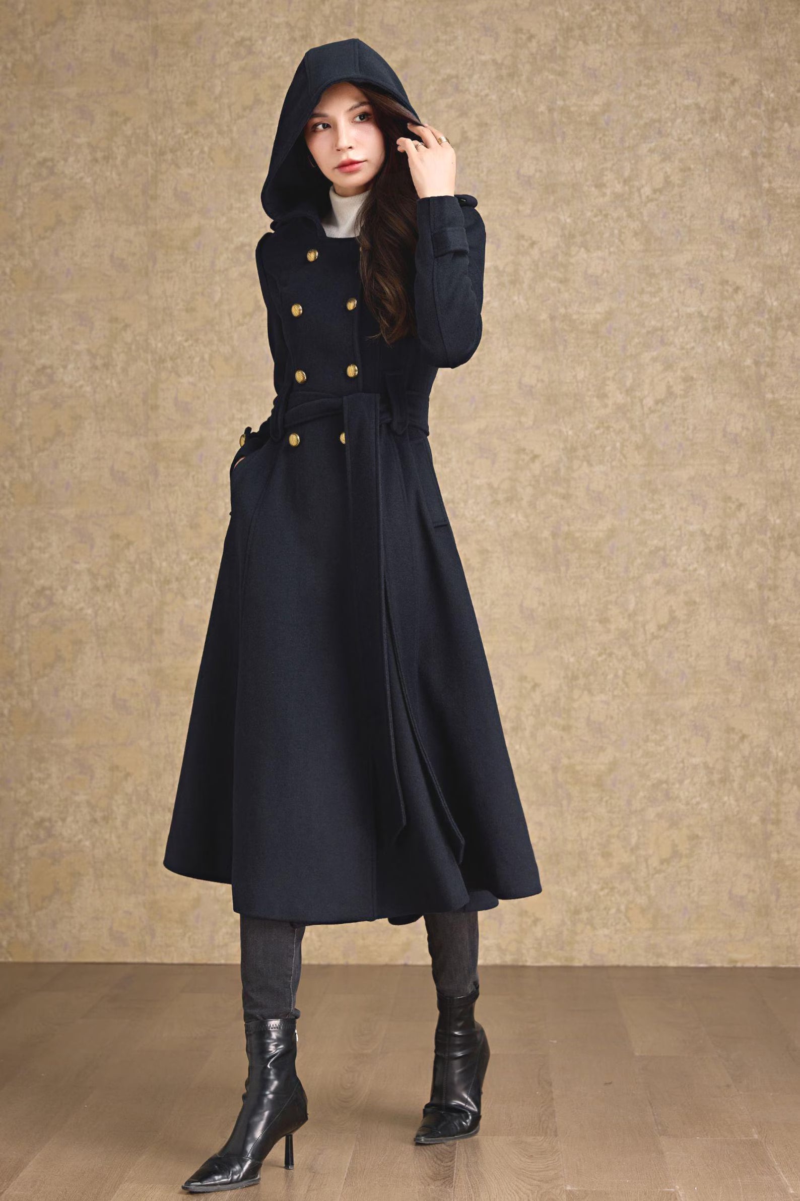 Lena - Marineblaue Damen-Wolltrenchcoat